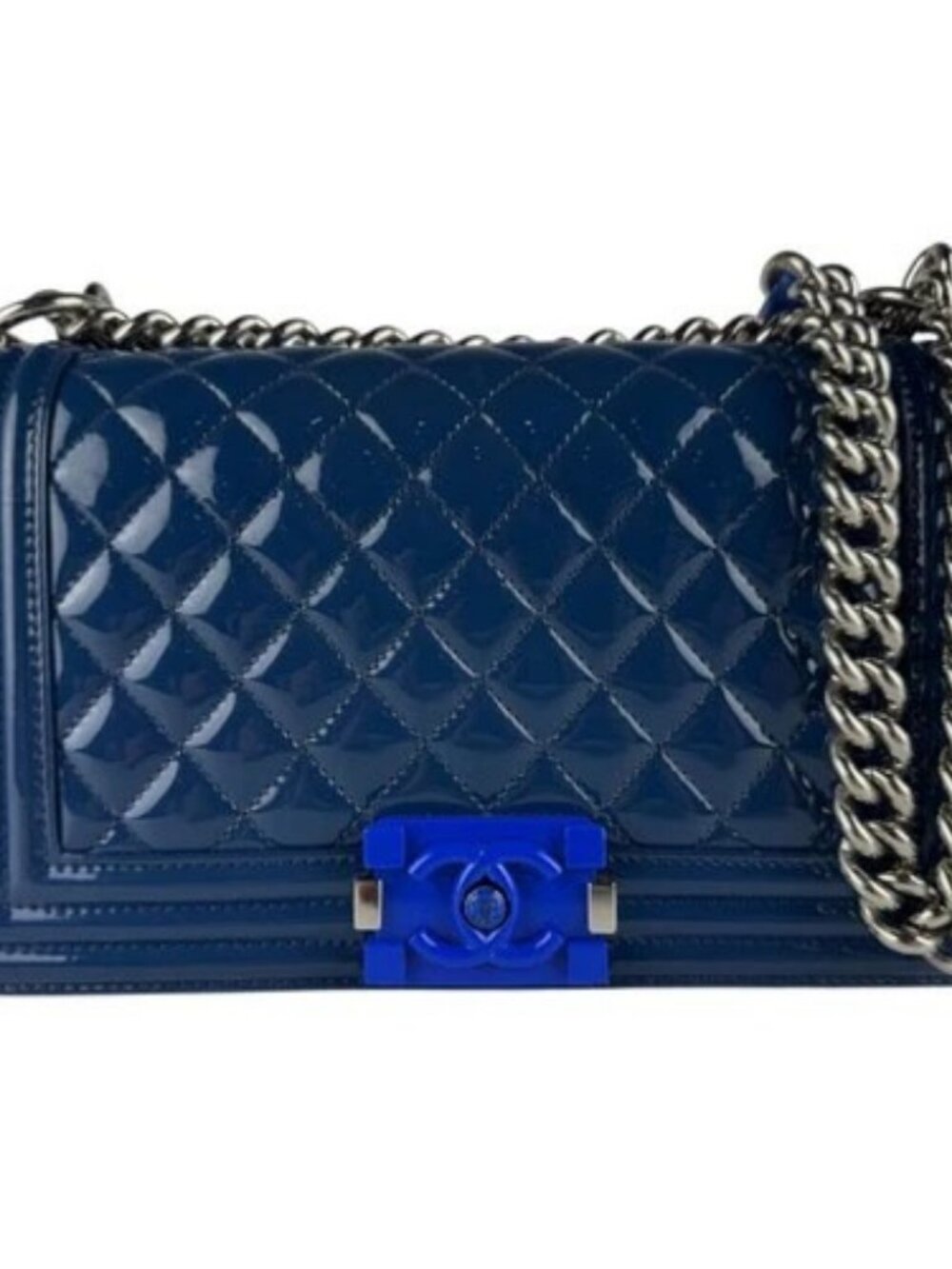 Auth CHANEL Boy Bag Chain Shoulder Bag Navy Patent Lather - z10485